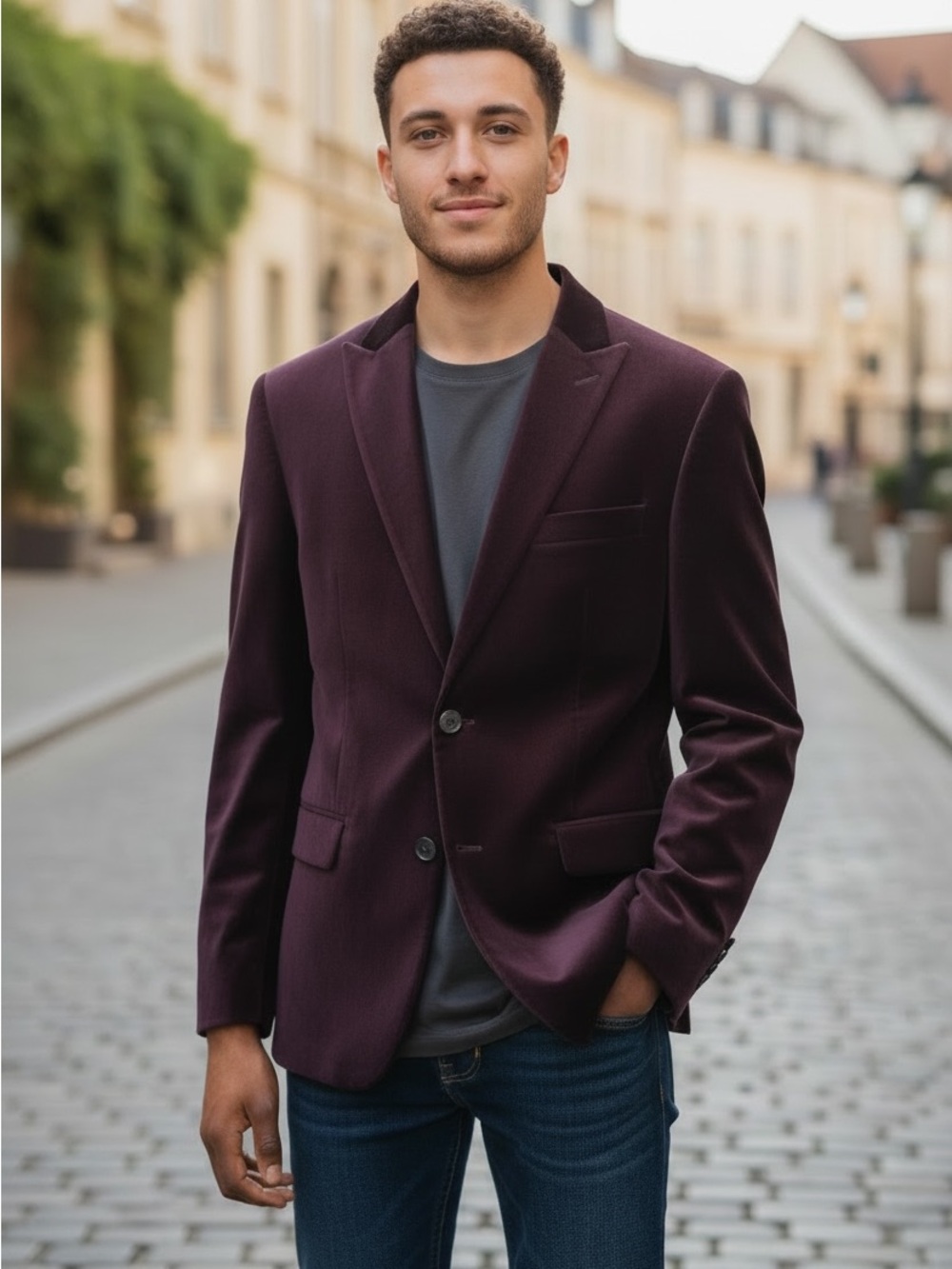 New Never Worn Men's Tailored Burgundy Purple Velvet Blazer - Classic Modern Fit